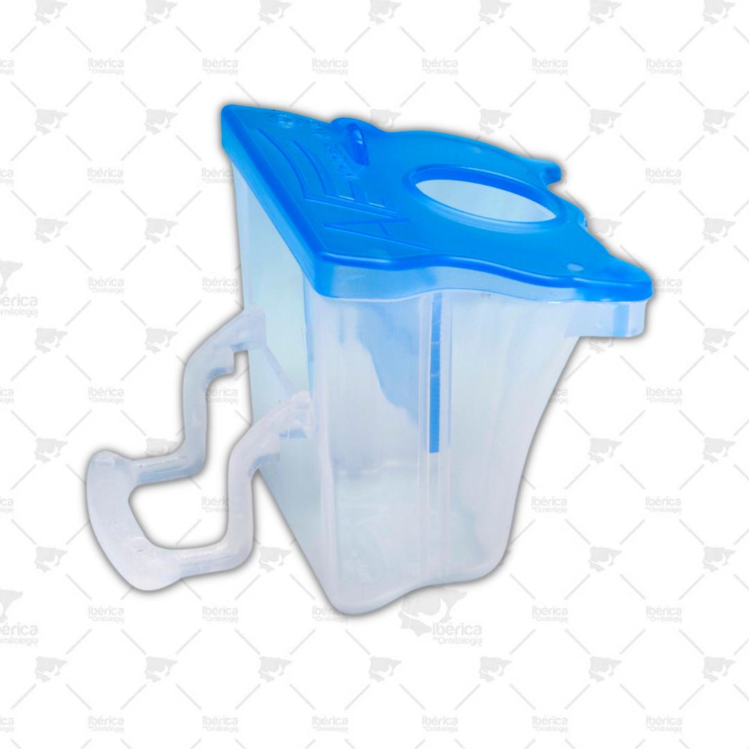 Comedero TULIPA con pata /orificio y tapa azul . Moldes Ave, comodidad y eficiencia ibericadeornitologia